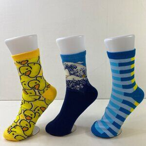 Mens Crew Socks Set 3 Rubber Ducks Wave Stripes Yellow Blue Black